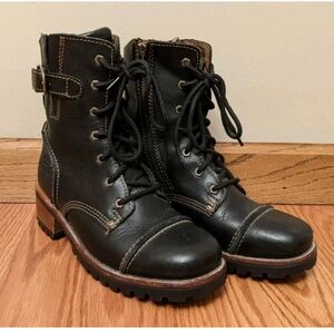 Harley Davidson Moto Boots Black Leather Lace-Up Side Zip Chunky Lug Heel Size 7